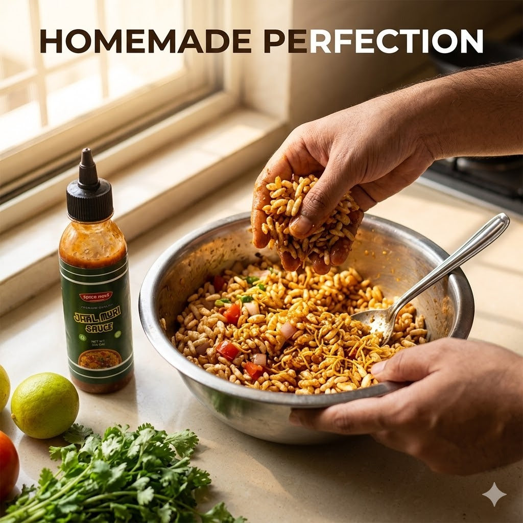Spice Nest Jhal Muri Sauce 230g bottle, spicy Indian snack topping.