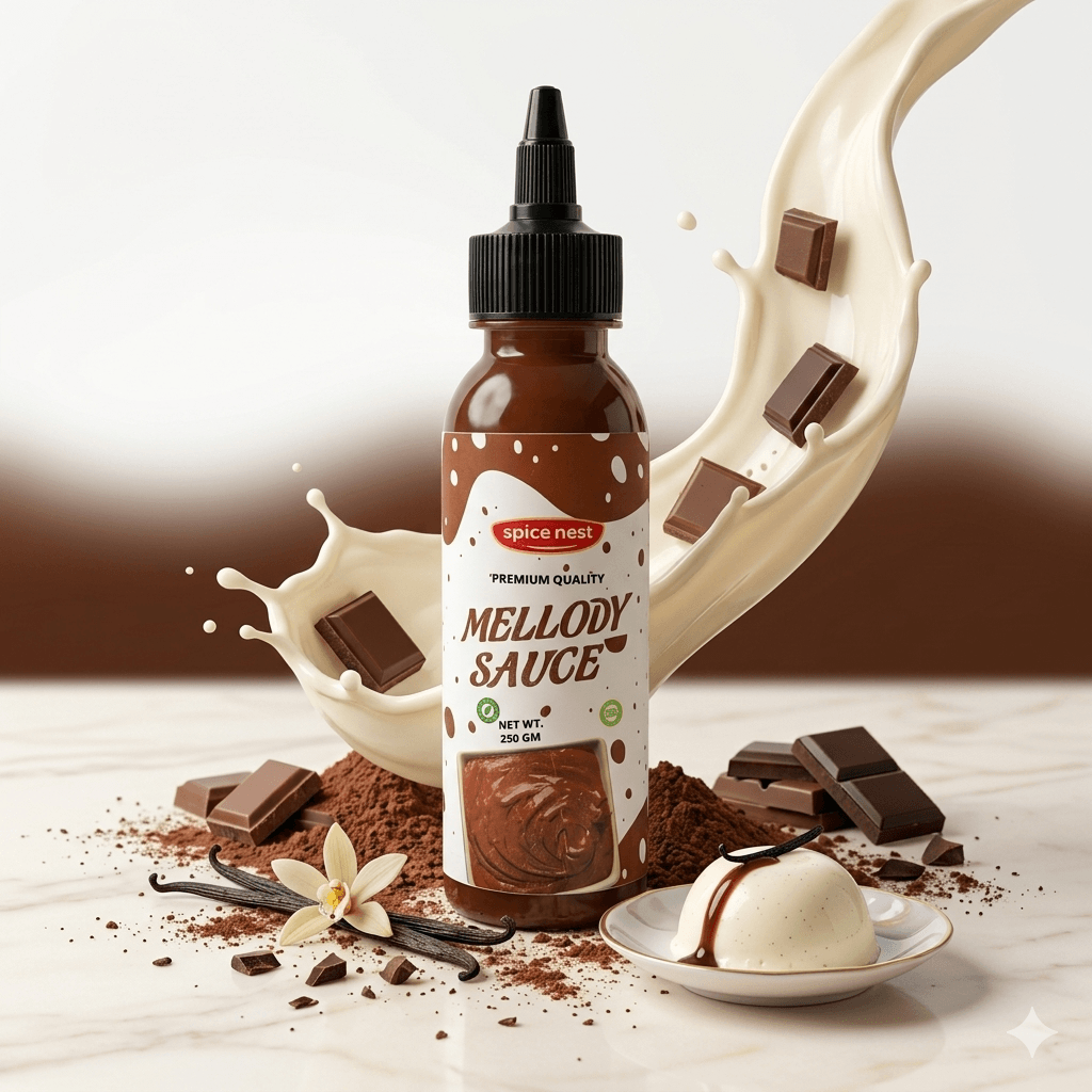 Spice Nest Mellody sauce label showing premium chocolate dessert topping, Made in India.