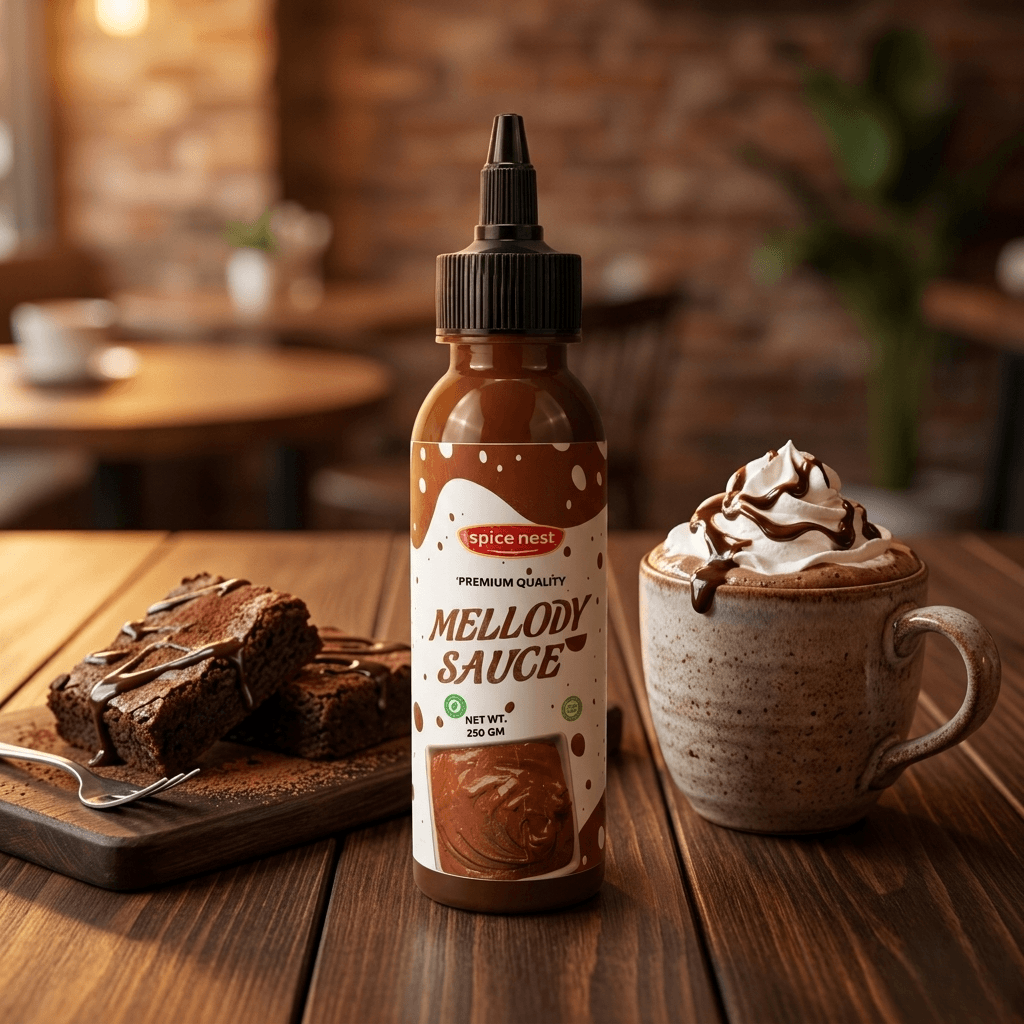 Pouring Spice Nest Mellody premium chocolate sauce over dessert, rich glossy chocolate topping