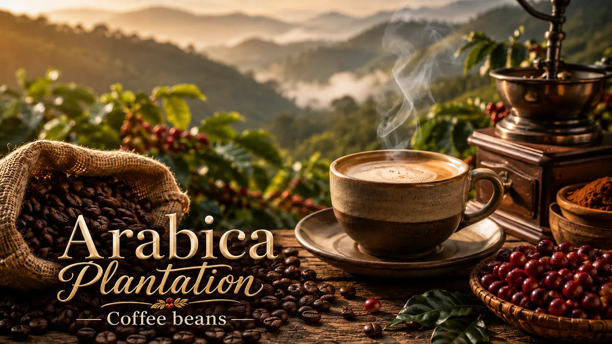 Fresh Arabica coffee beans with a hot cup of coffee at a plantation