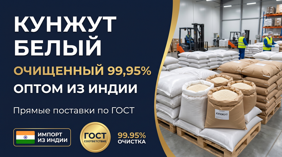 Кунжут белый очищенный 99,95% оптом из Индии: ГОСТ