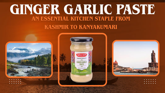 Clear glass jar labeled ‘Spice Nest Premium Quality Ginger Garlic Paste’ on a soft orange background