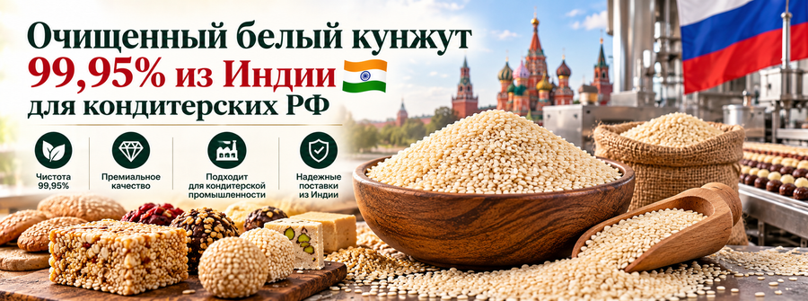 Очищенный белый кунжут 99,95% из Индии для кондитерских РФ