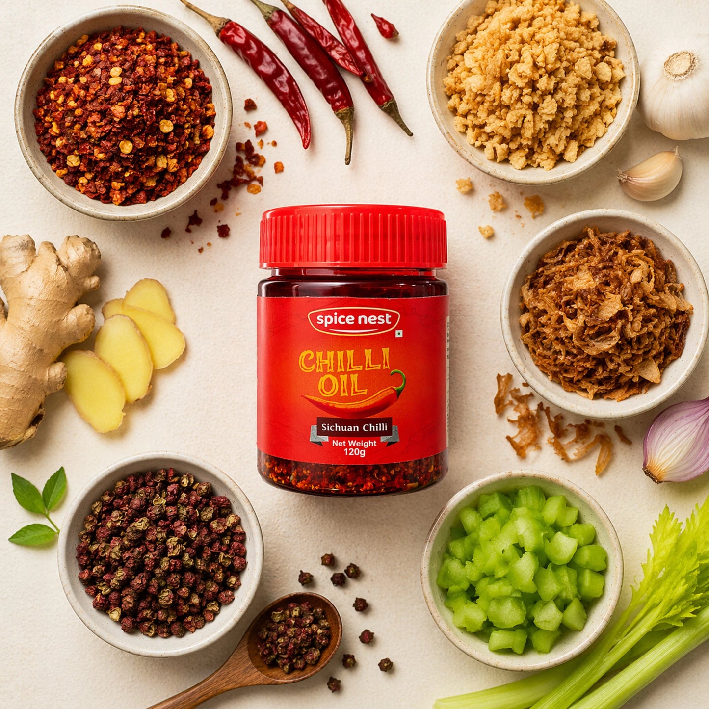 Spice Nest Chilli Oil 120g – Spicy Chilli Garlic Oil for Noodles, Momos & Dumplings
