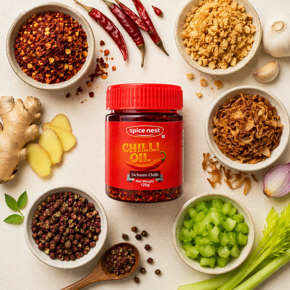 Spice Nest Chilli Oil 120g – Spicy Chilli Garlic Oil for Noodles, Momos & Dumplings