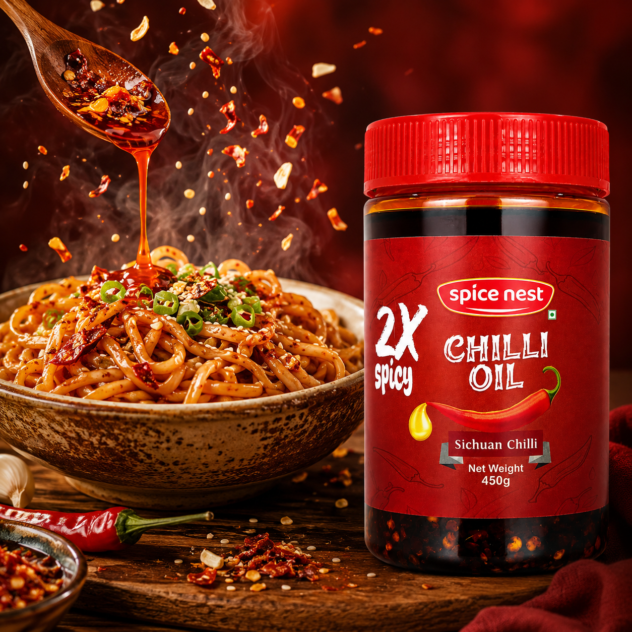 Spice Nest 2X Spicy Chilli Oil 450g – Extra Hot Crispy Garlic Chilli Oil for Noodles, Momos & Fried Rice