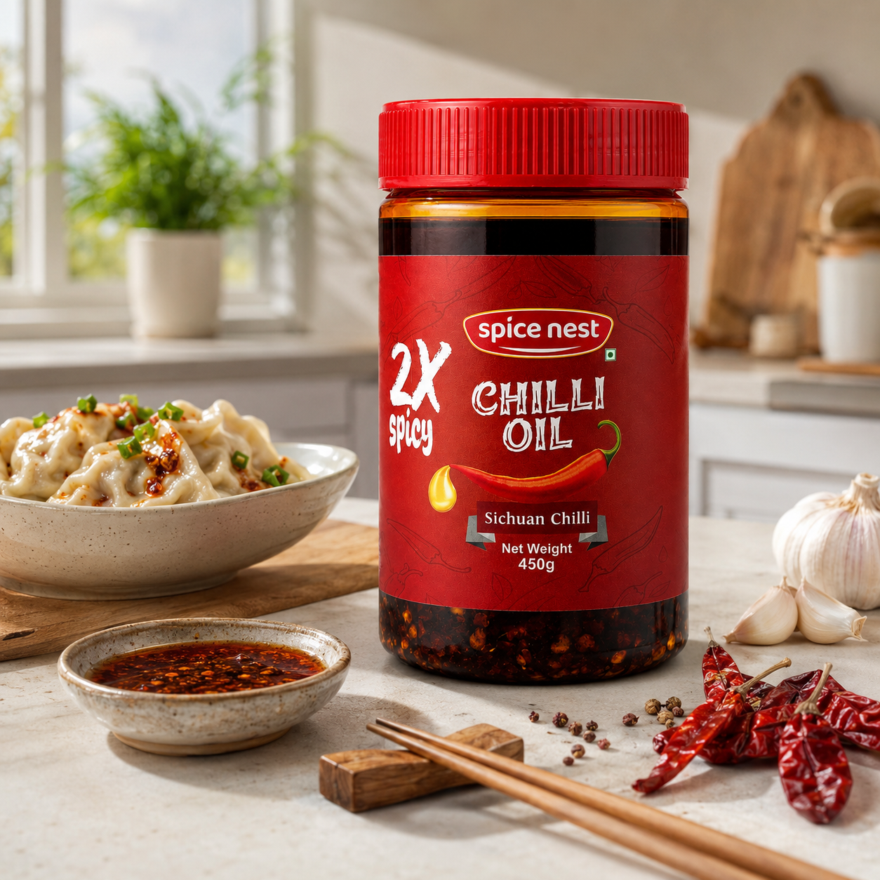 Spice Nest 2X Spicy Chilli Oil 450g – Extra Hot Crispy Garlic Chilli Oil for Noodles, Momos & Fried Rice