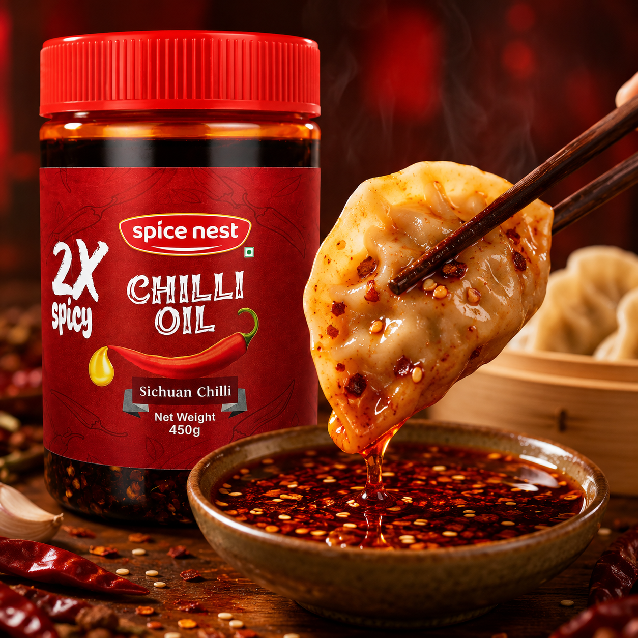 Spice Nest 2X Spicy Chilli Oil 450g – Extra Hot Crispy Garlic Chilli Oil for Noodles, Momos & Fried Rice