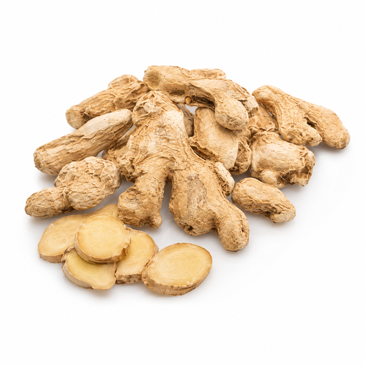 A pile of fresh ginger roots with several sliced pieces, showing their natural tan and light brown colors, isolated on a white background.