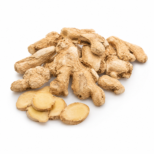 A pile of fresh ginger roots with several sliced pieces, showing their natural tan and light brown colors, isolated on a white background.