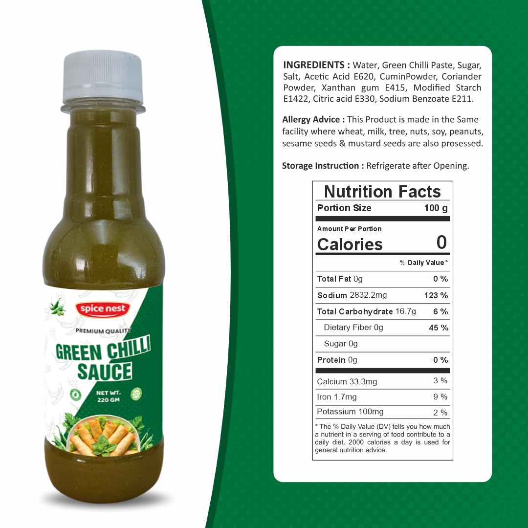 Flavors of Spice Nest: Red Chilli, Green Chilli & Soya Sauce Combo – Elevate Your Taste! Green Chilli Sauce bottle with ingredients.