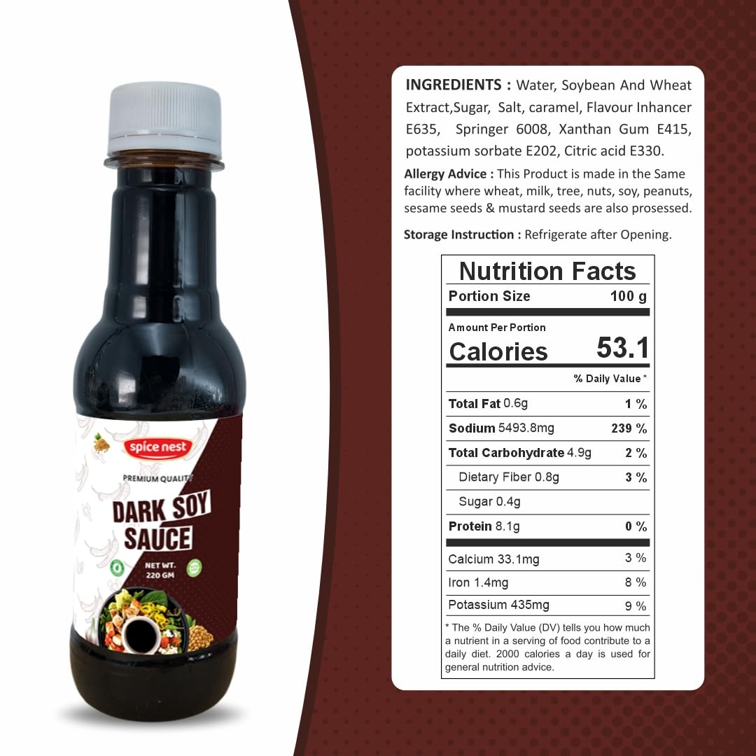Flavors of Spice Nest: Red Chilli, Green Chilli & Soya Sauce Combo – Elevate Your Taste! Dark Soy Sauce bottle with ingredients.