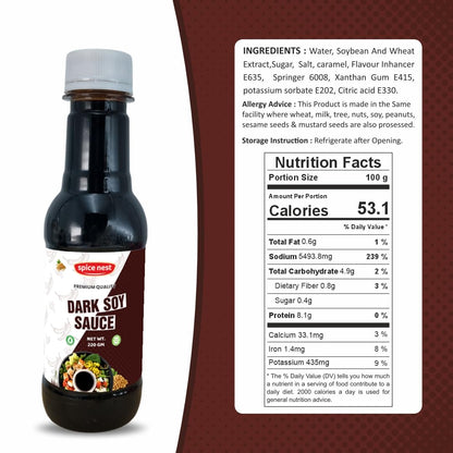 Flavors of Spice Nest: Red Chilli, Green Chilli & Soya Sauce Combo – Elevate Your Taste! Dark Soy Sauce bottle with ingredients.