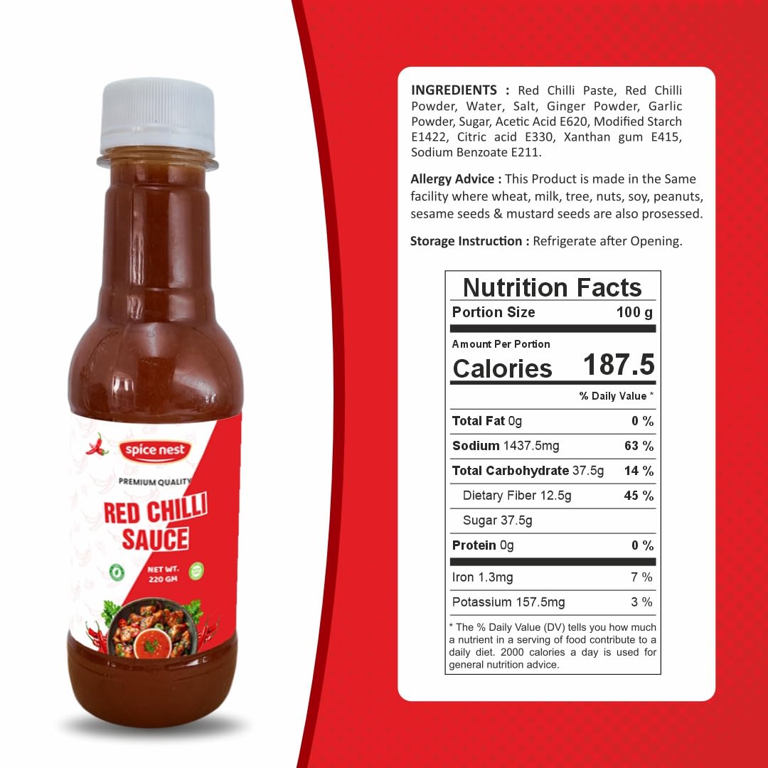 Flavors of Spice Nest: Red Chilli, Green Chilli & Soya Sauce Combo – Elevate Your Taste! Red Chilli Sauce bottle with nutrition facts.