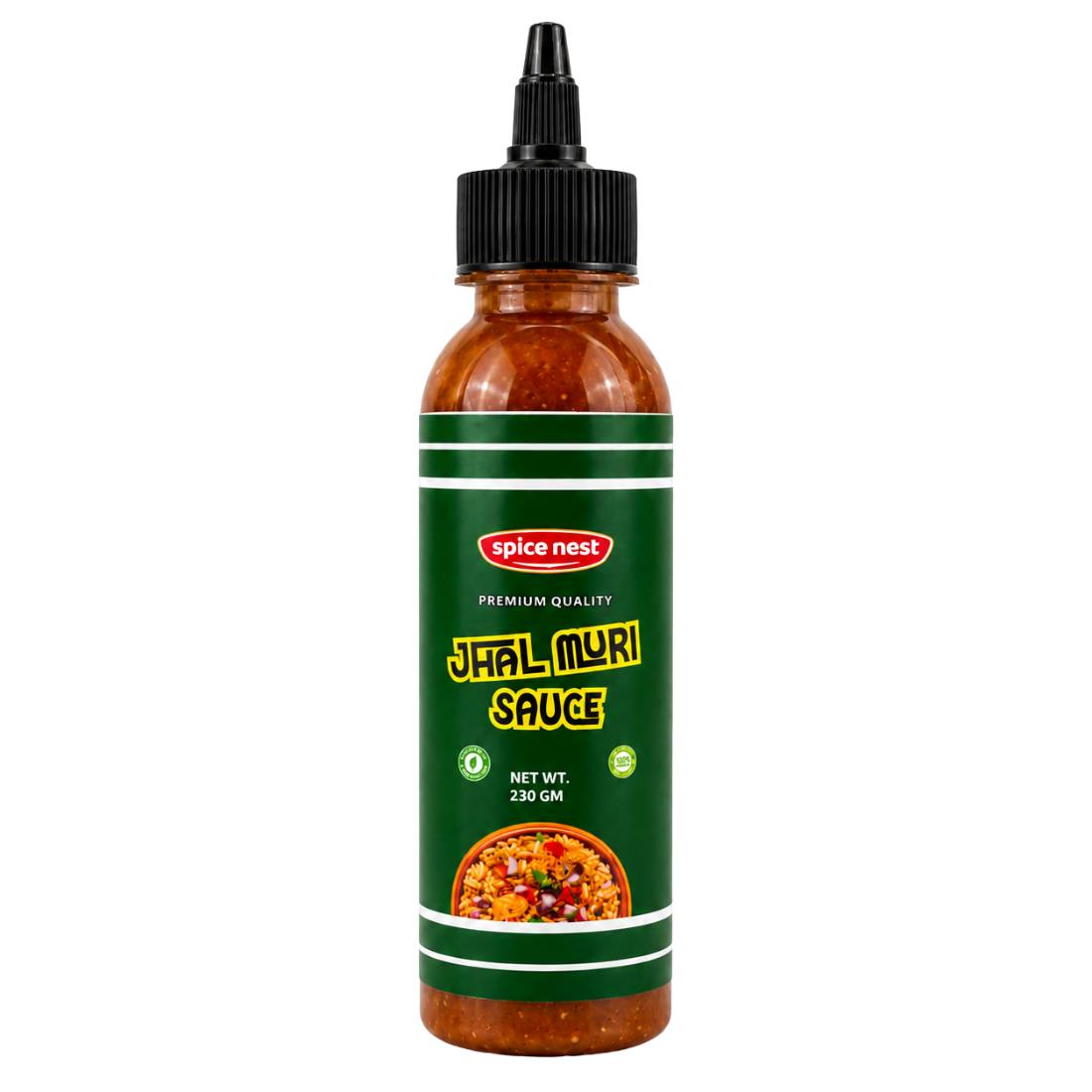 Spice Nest Jhal Muri Sauce 230g bottle, spicy Indian snack topping.