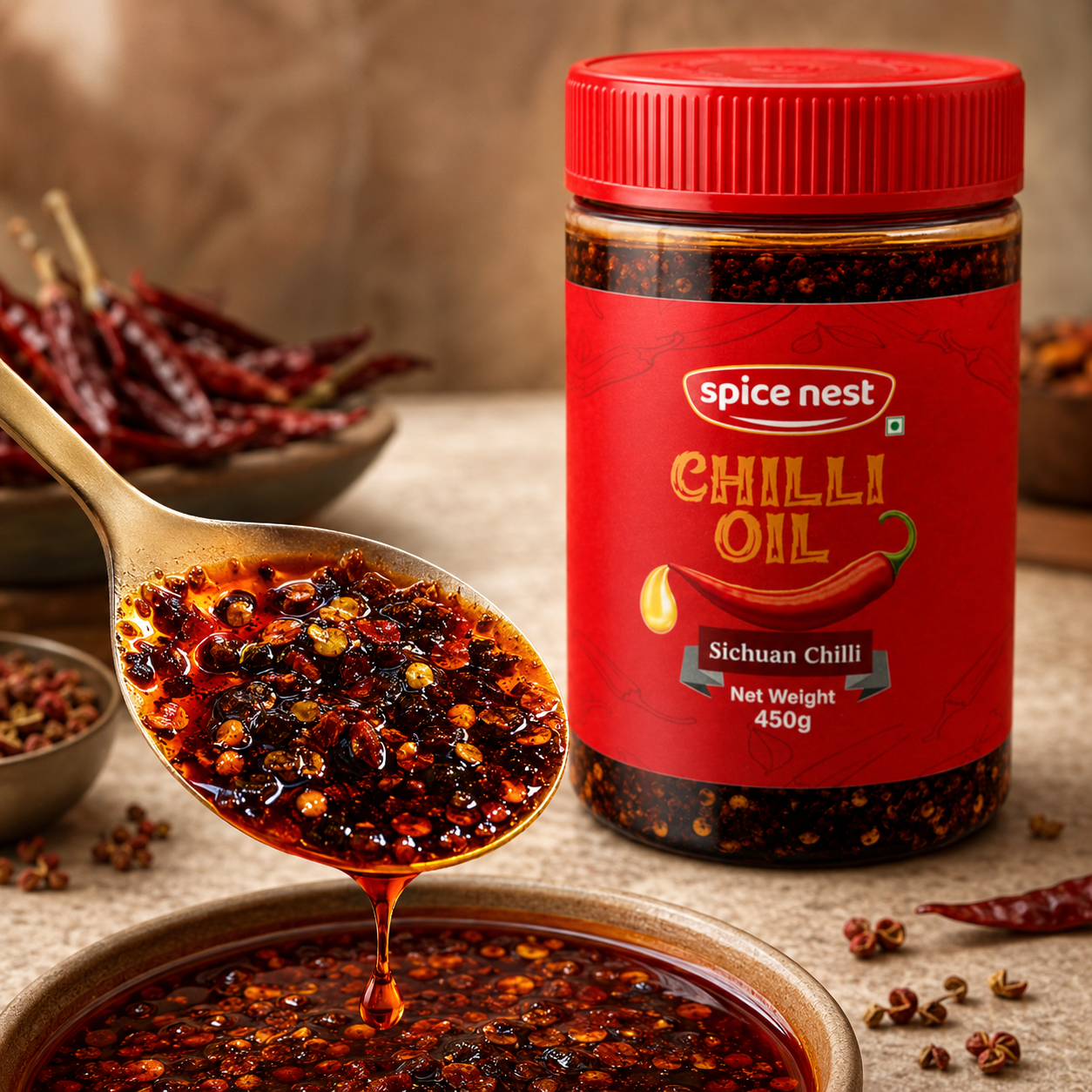 Spice Nest Chilli Oil 450g – Spicy Crispy Garlic Chilli Oil for Noodles, Momos, Fried Rice & Snacks