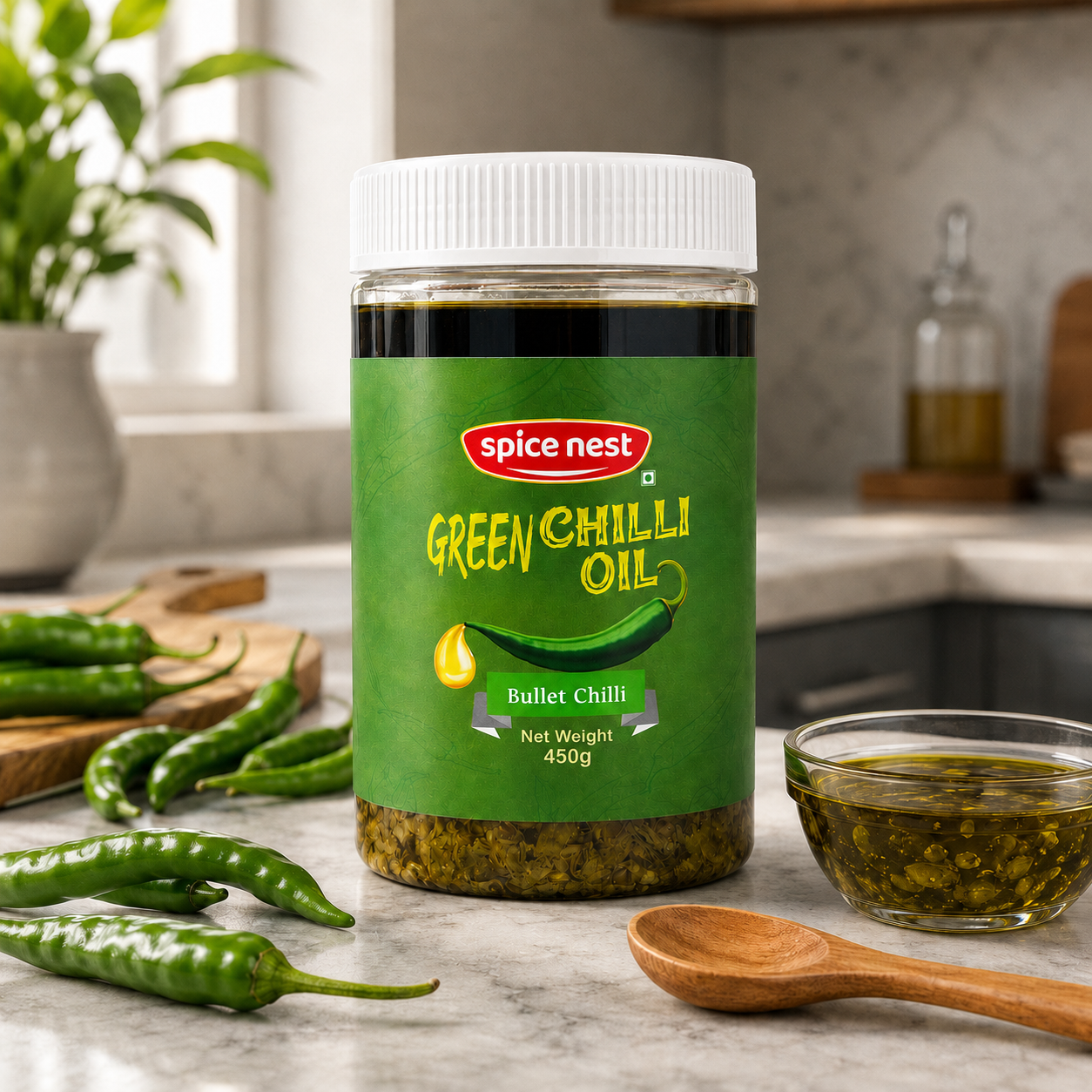 Spice Nest Green Chilli Oil 450g – Spicy Green Chilli Garlic Oil for Noodles, Momos & Snacks