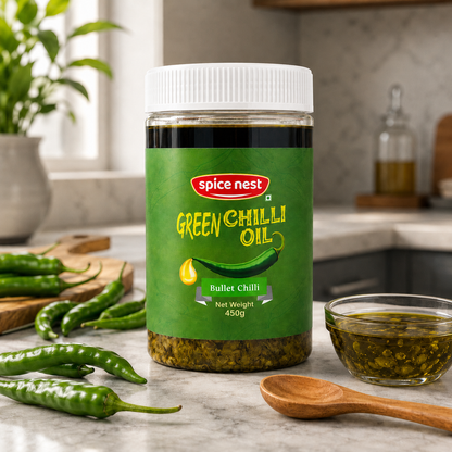 Spice Nest Green Chilli Oil 450g – Spicy Green Chilli Garlic Oil for Noodles, Momos & Snacks
