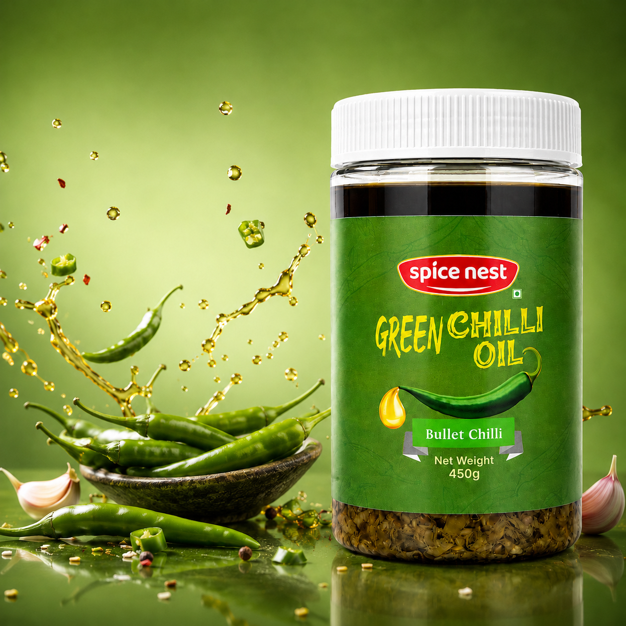 Spice Nest Green Chilli Oil 450g – Spicy Green Chilli Garlic Oil for Noodles, Momos & Snacks