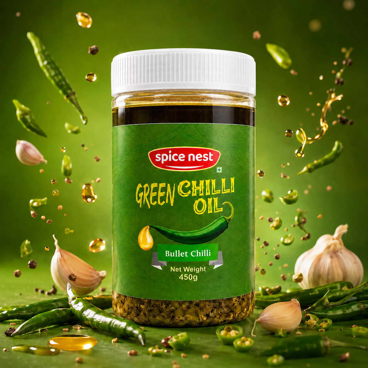 Spice Nest Green Chilli Oil 450g – Spicy Green Chilli Garlic Oil for Noodles, Momos & Snacks