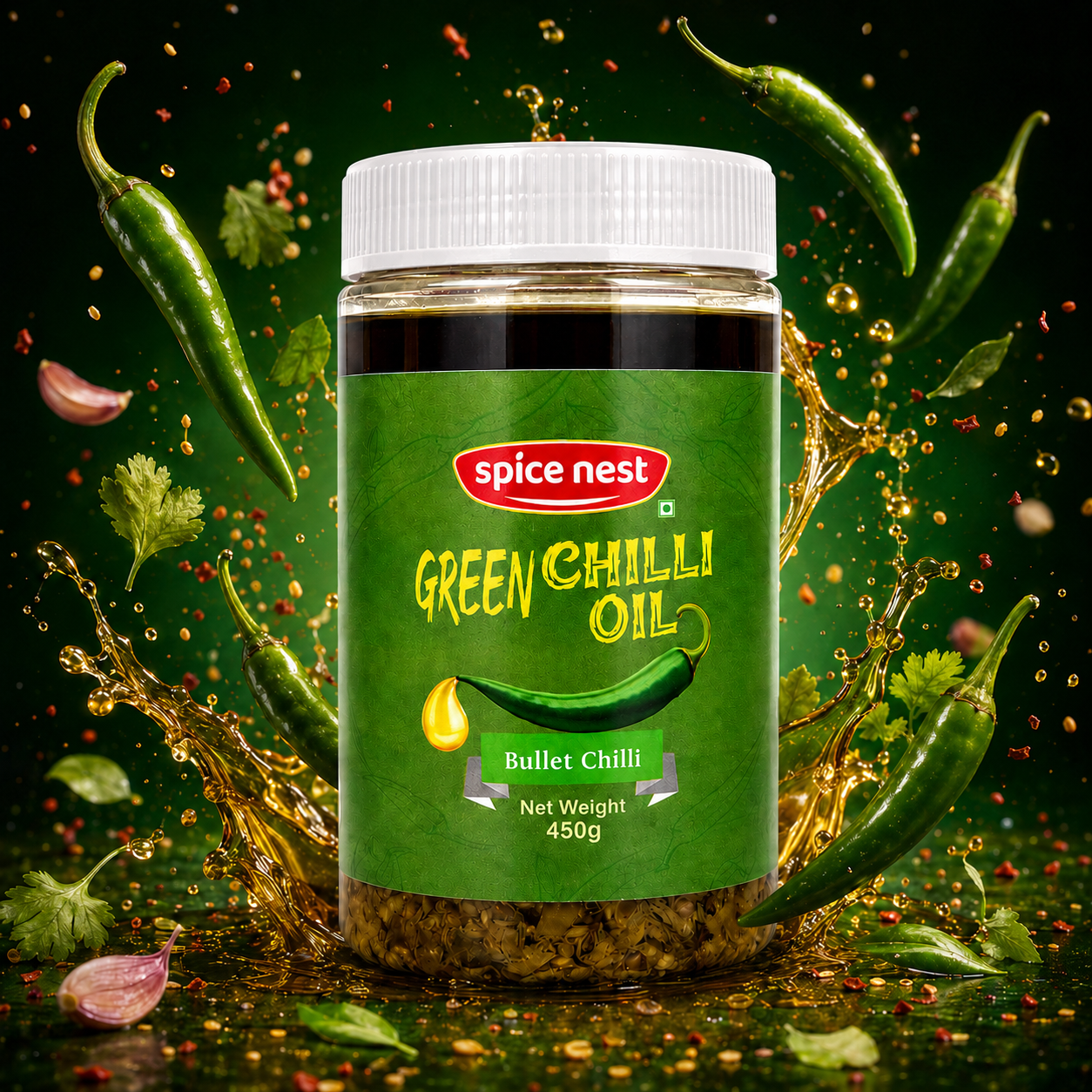 Spice Nest Green Chilli Oil 450g – Spicy Green Chilli Garlic Oil for Noodles, Momos & Snacks