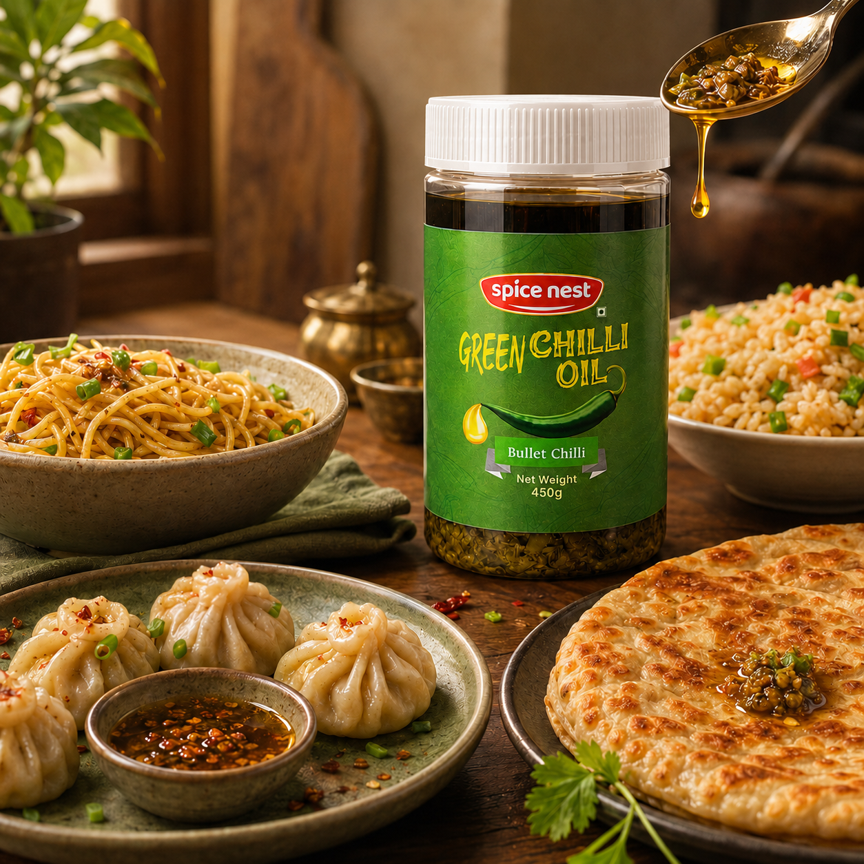 Spice Nest Green Chilli Oil 450g – Spicy Green Chilli Garlic Oil for Noodles, Momos & Snacks