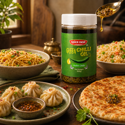 Spice Nest Green Chilli Oil 450g – Spicy Green Chilli Garlic Oil for Noodles, Momos & Snacks