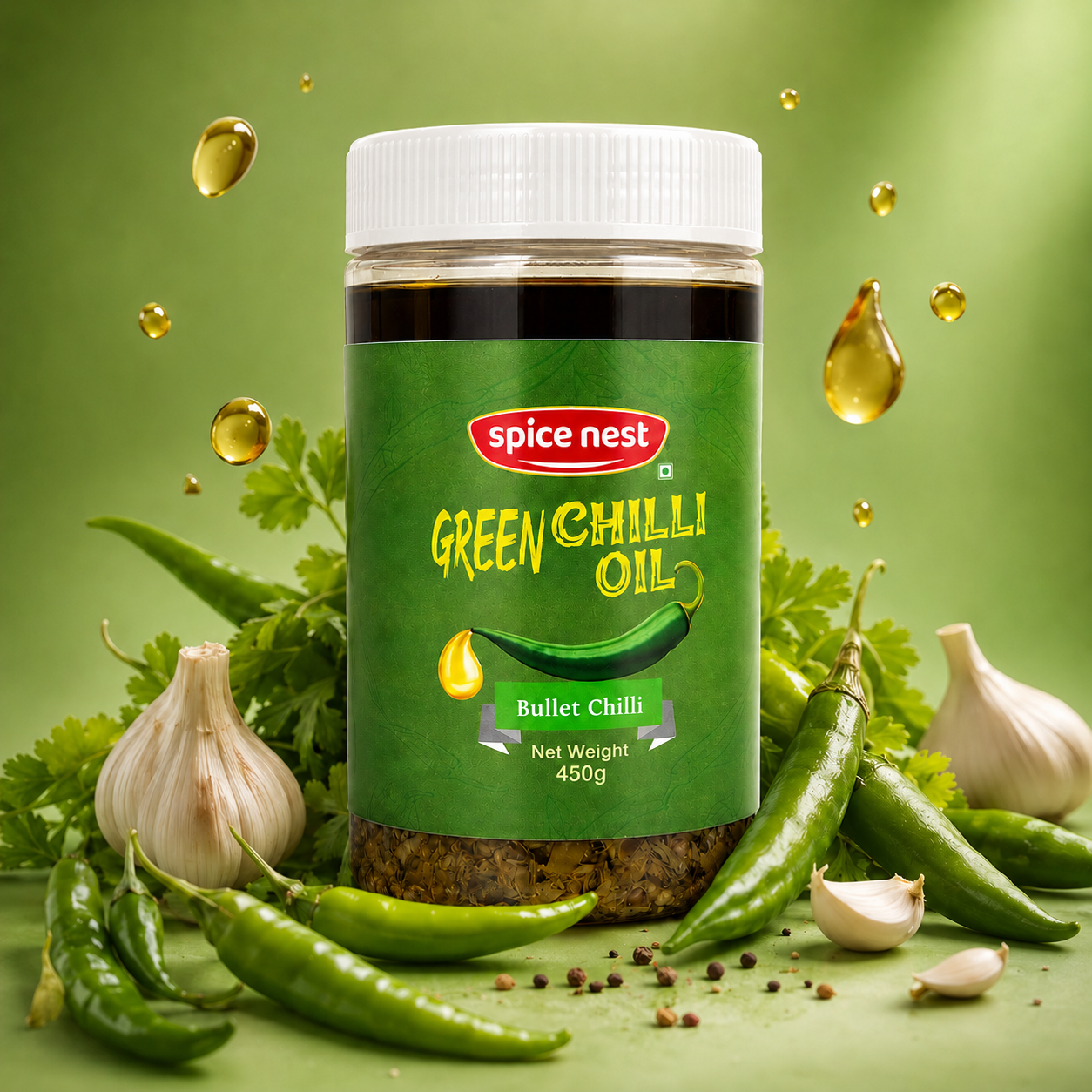 Spice Nest Green Chilli Oil 450g – Spicy Green Chilli Garlic Oil for Noodles, Momos & Snacks