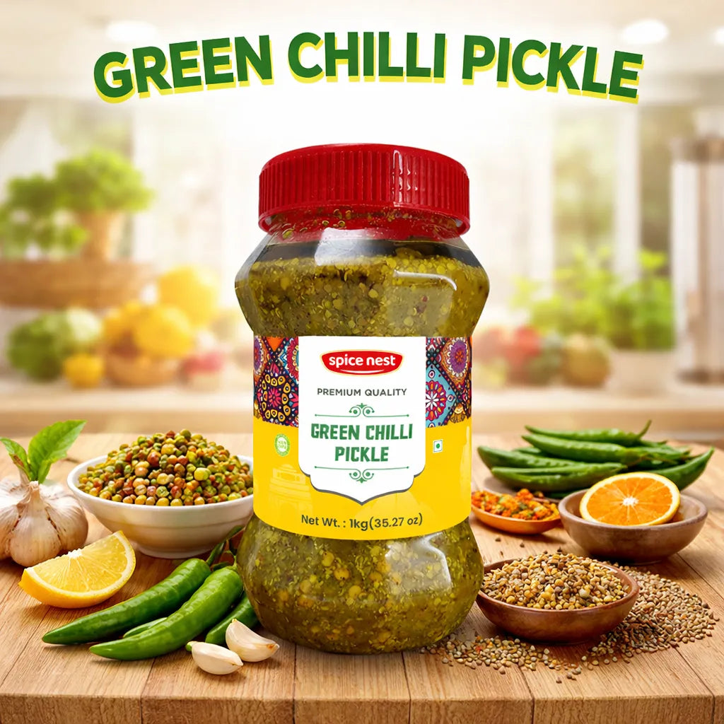 Premium green chilli pickle 1kg jar tangy spicy robust flavor