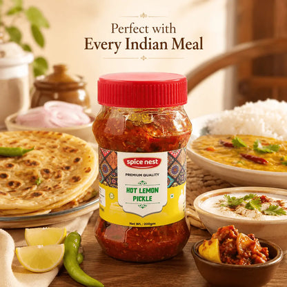 Fiery lemon pickle jar Spice Nest traditional Indian recipe available in three sizes