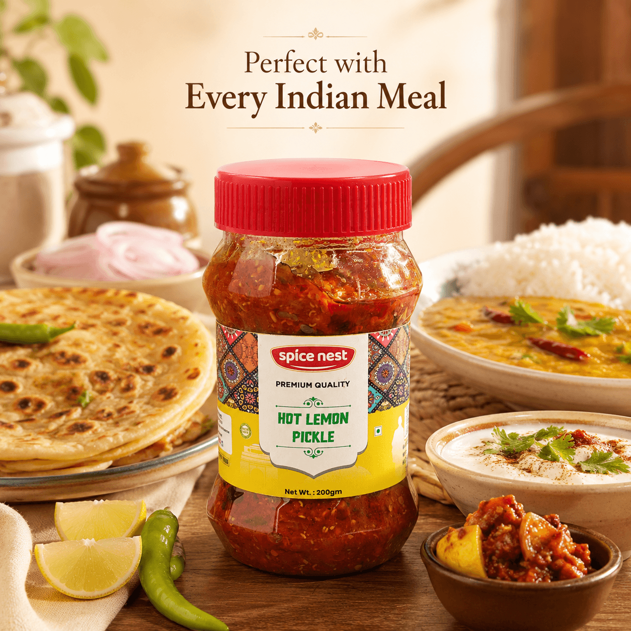 Fiery lemon pickle jar Spice Nest traditional Indian recipe available in three sizes