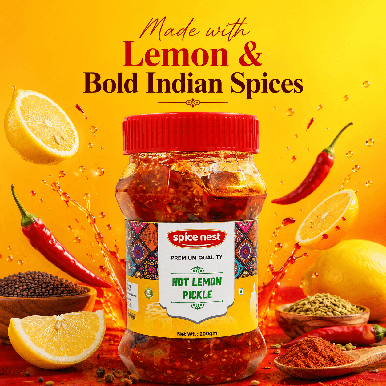 Spicy tangy lemon pickle homemade style by Spice Nest perfect for rice and paratha