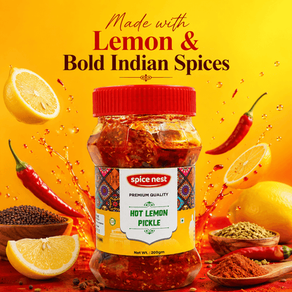 Spicy tangy lemon pickle homemade style by Spice Nest perfect for rice and paratha