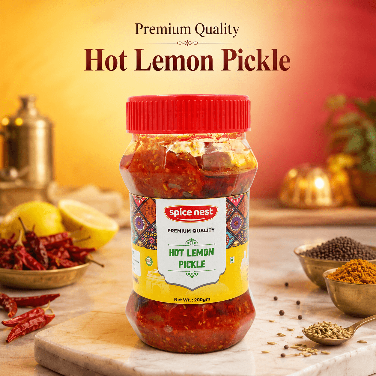 Spicy tangy lemon pickle jar by Spice Nest with traditional Indian spices