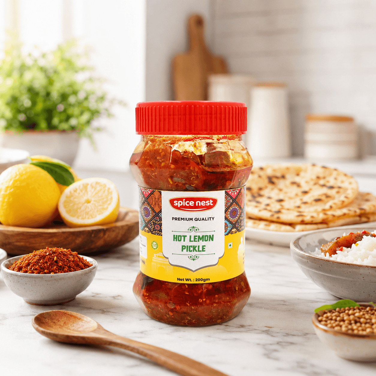Hot and tangy lemon pickle by Spice Nest made with fresh lemons and Indian spices