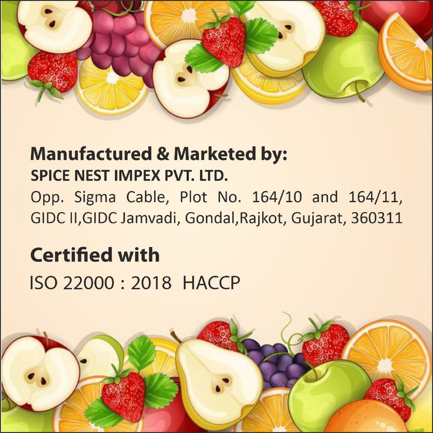 Spice Nest Impex Pvt. Ltd. fruit border design with certification details, showcasing diverse fruits for pineapple jam.