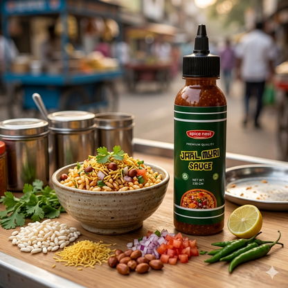 Pouring Spice Nest Jhal Muri Sauce over puffed rice, spicy street‑style seasoning.
