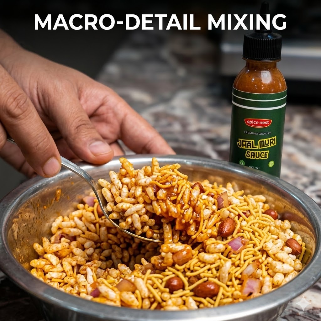 Spice Nest Jhal Muri Sauce 230g with puffed rice and chilies, Indian snack condiment.