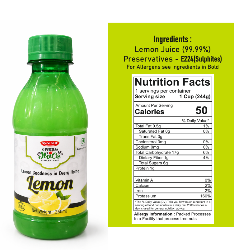 Spice Nest Lemon Juice 250ml | 99.99% Real Lemon Juice Concentrate | Ideal for Cooking, Baking, Mocktails & Salads | Refreshing Lemon Flavour