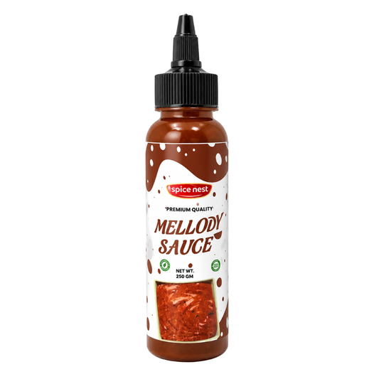 Spice Nest Mellody premium chocolate sauce bottle, Indian gourmet dessert topping."