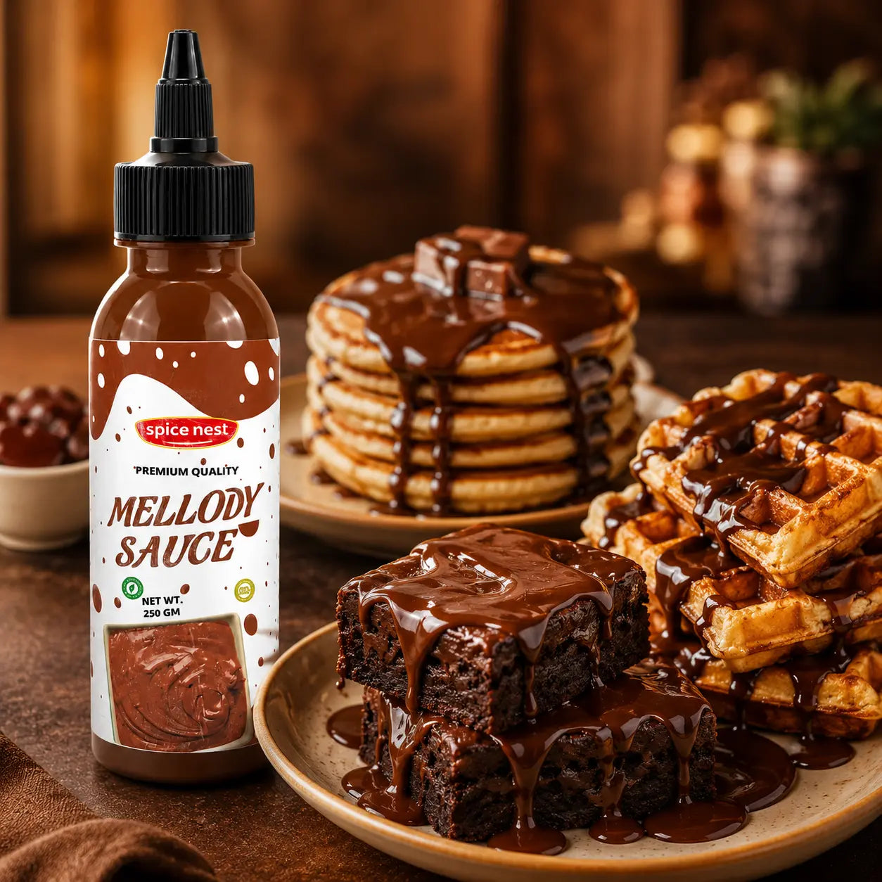 Pouring Spice Nest Mellody premium chocolate sauce over dessert, rich glossy chocolate topping
