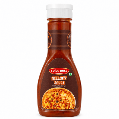 Spice Nest Mellony Pizza & Pasta Sauce 320g bottle with a rich tomato blend, perfect for enhancing dishes.