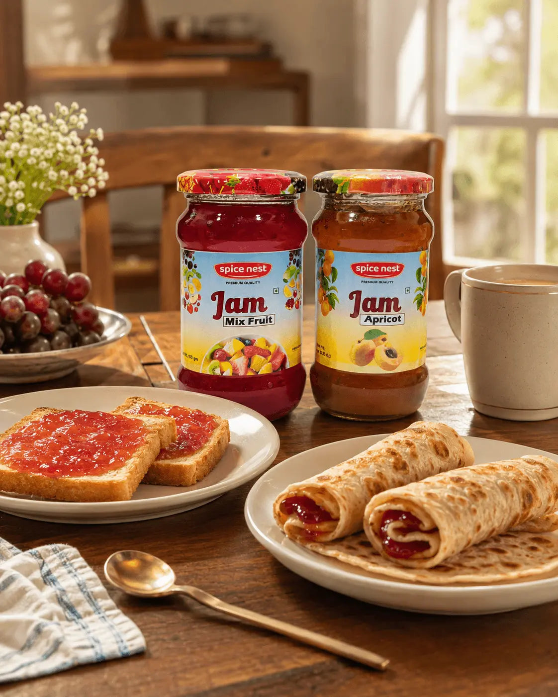 Two jars of Spice Nest mixed fruit jam and apricot jam combo pack