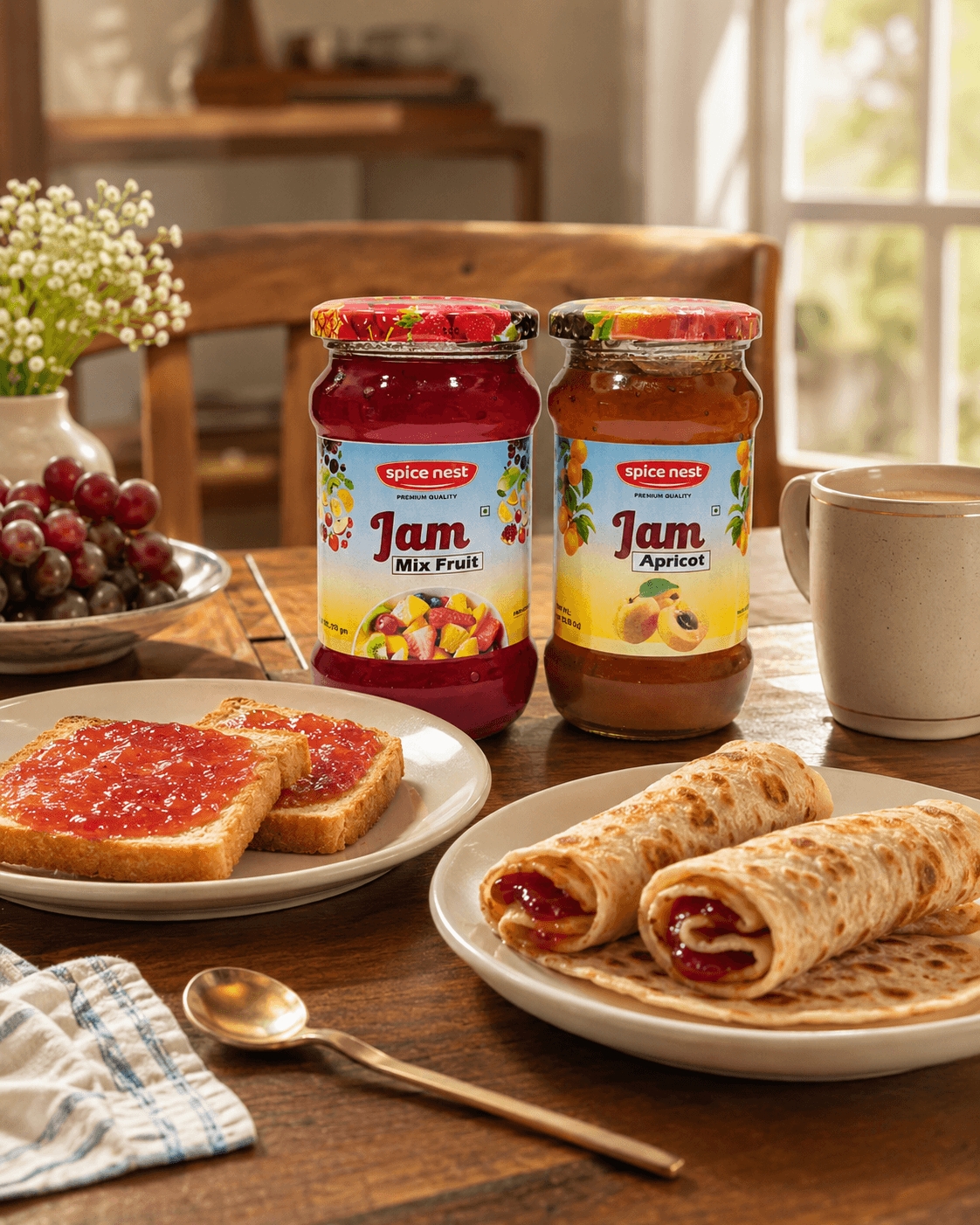 Two jars of Spice Nest mixed fruit jam and apricot jam combo pack