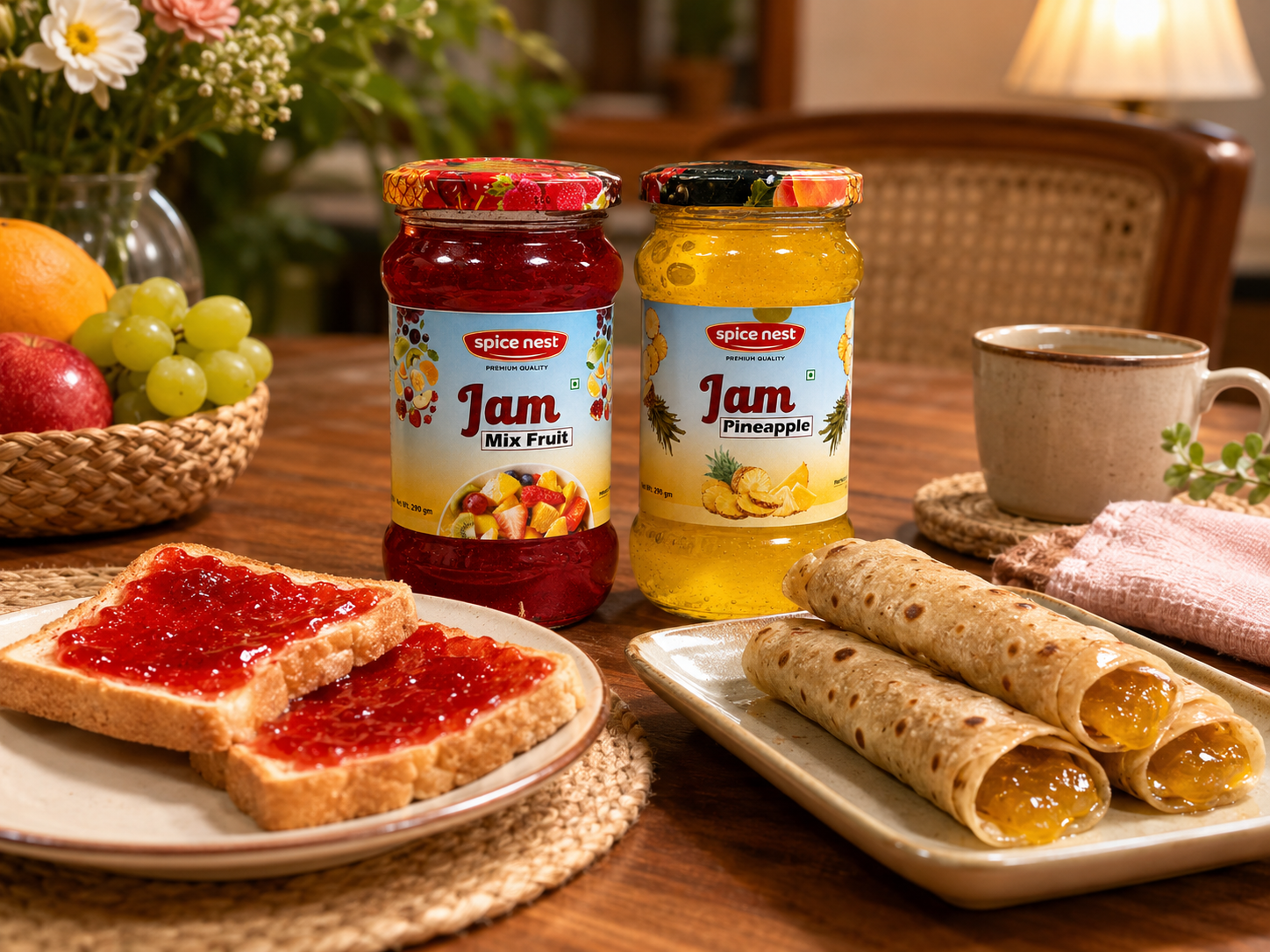 Mixed fruit and pineapple jam combo set for toast bread roti
