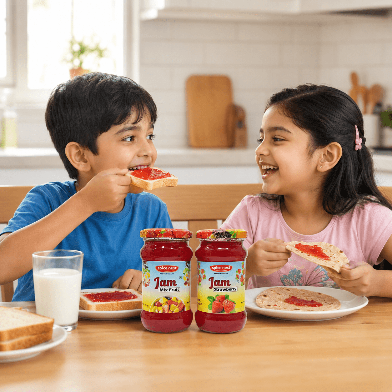 Two jars of Spice Nest real fruit jam in mixed fruit and strawberry flavors