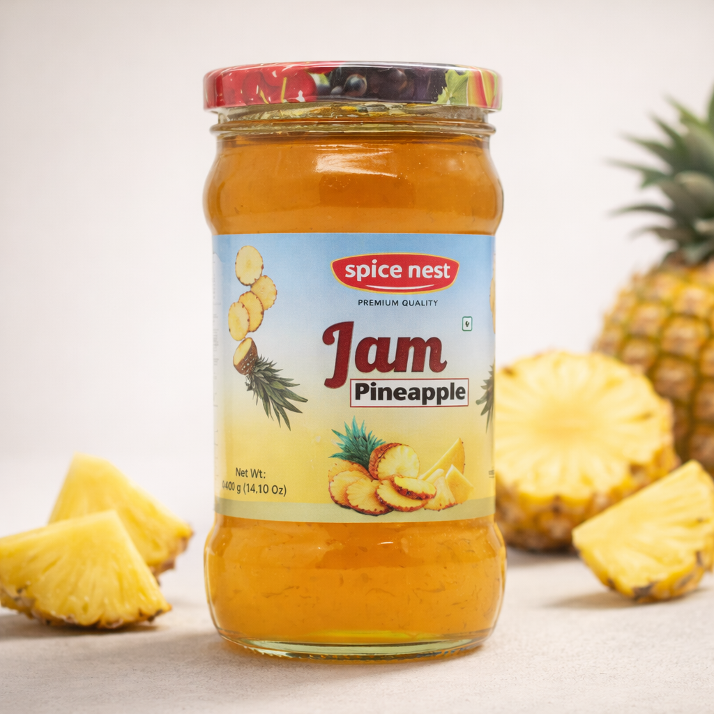 Spice Nest Pineapple Jam jar with fresh pineapples in the background. Buy pineapple jam for a sweet and tangy taste.