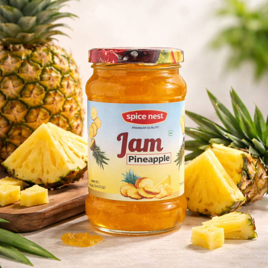 Spice Nest Pineapple Jam jar with fresh pineapples, perfect for spreading or adding to desserts.