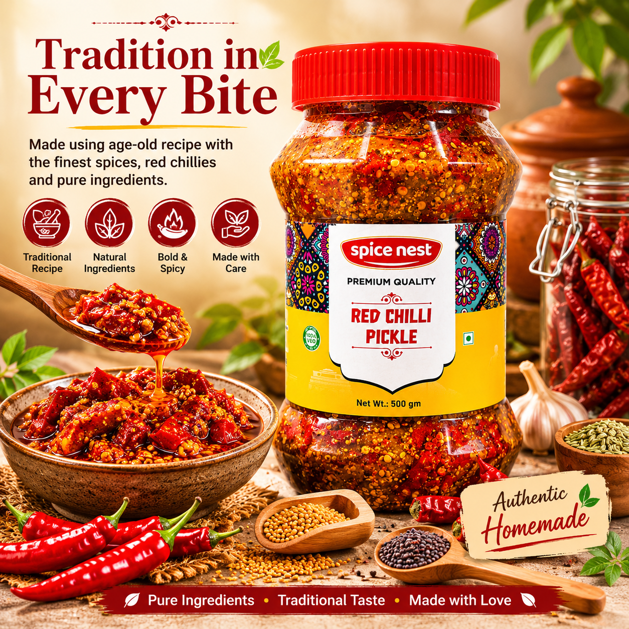 Spice Nest Hot Red Chilli Pickle 200g, 500g, 1kg — Lal Mirch ka Achar, Authentic Andhra Taste and Indian Style