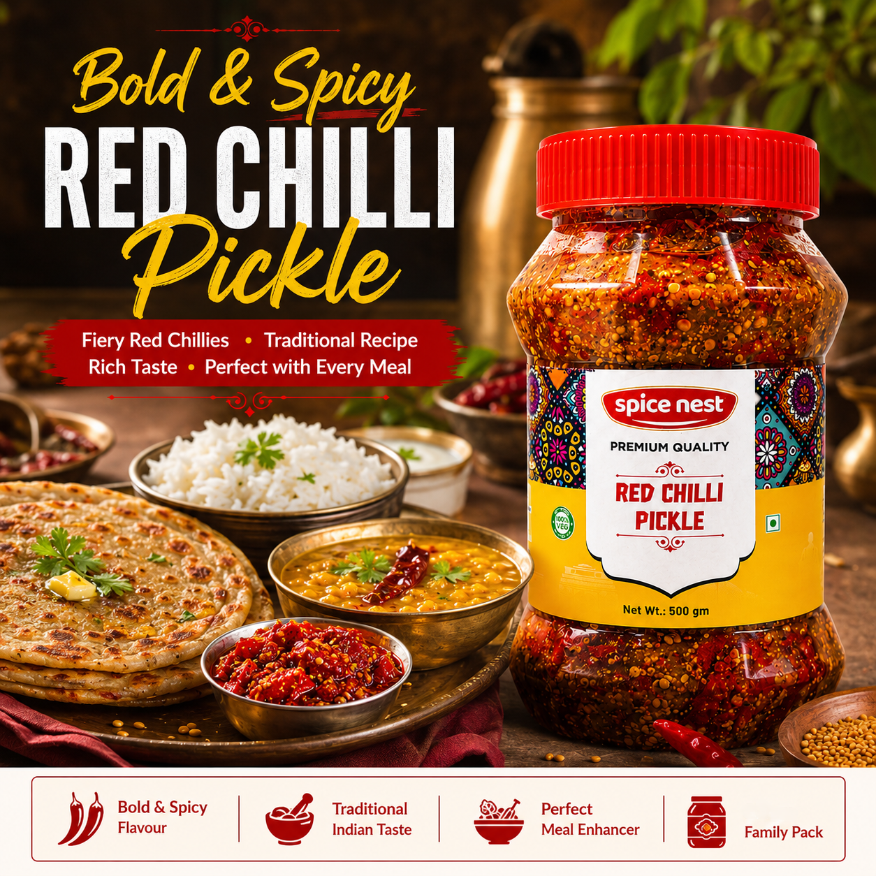 Spice Nest Hot Red Chilli Pickle 200g, 500g, 1kg — Lal Mirch ka Achar, Authentic Andhra Taste and Indian Style